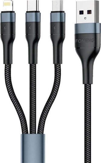 Usb-Kabel Foneng Usb-A Til Usb-C + Micro-B + Lightning 1 M Svart X51 3-I-1