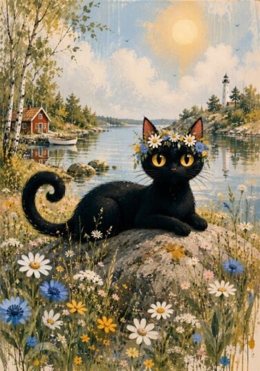 Plakat Svart Katt i Blomster