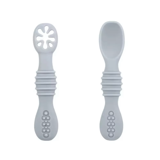 Snoggen Silikon Bestikk For Baby Grå Lær Å Spise Selv! 2Pk Snoggen Silikon Bestikk For Baby Grå Lær Å Spise Selv! 2Pk