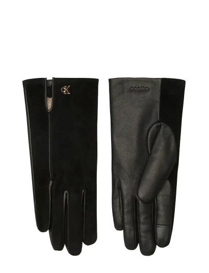 Calvin Klein Metal Ck Suede Leather Gloves - Black - M/L