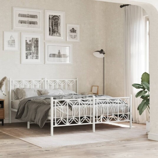 Sengeramme i metall med hode- og fotgavl hvit 150x200 cm 8721102644603 Sengeramme i metall med hode- og fotgavl hvit 150x200 cm 8721102644603