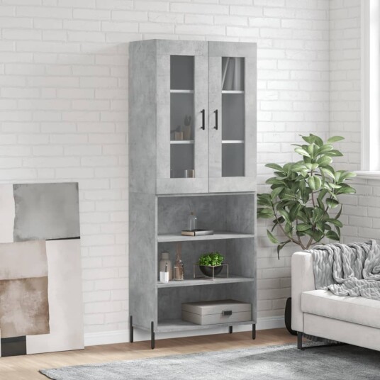 Highboard betonggrå 69,5x34x180 cm konstruert tre