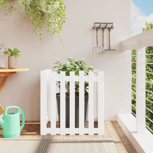 Plantekasse med gjerdedesign hvit 70x70x70 cm heltre furu