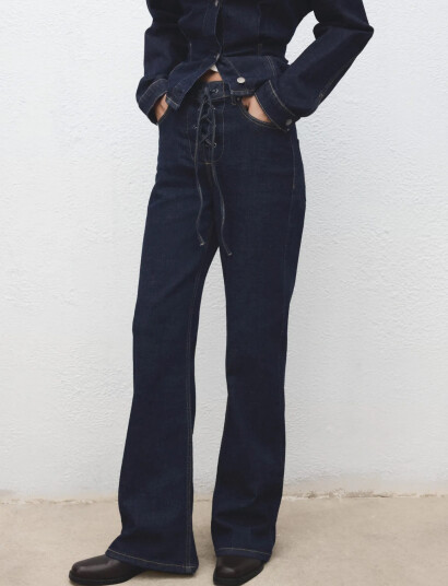 Mango Flared Jeans With Drawstrings   Navy   38