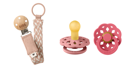 BIBS Pacifier Boheme 2 PACK Dusty Pink/Coral Size 1 + Pacifier Clip Braided Blush/Ivory Onesize Bundle