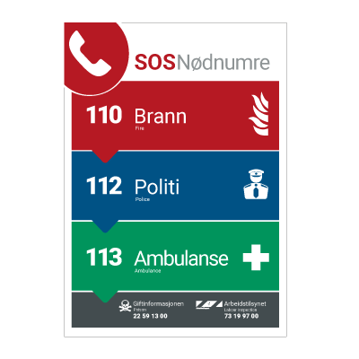 Jo Safety SOS Nødnumre Etterlysende Plast 297 x 210 mm 6302020PRA4
