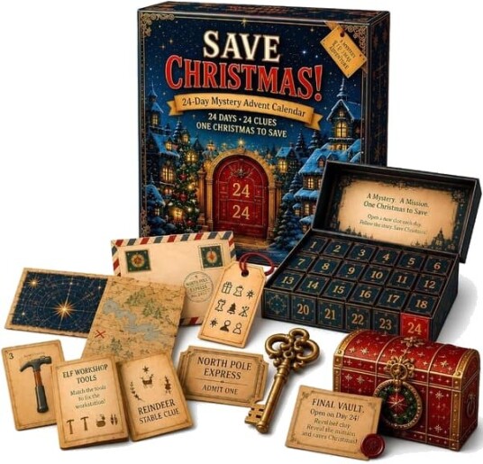 Adventskalender 2026 med 24 dagers mysterier puslespill og 6 fortellingstemaer spennende Redd Julen