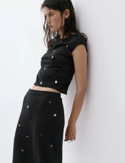Mango Short Sleeve Sequin Top Black M
