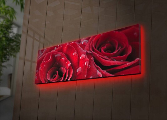 Lerretsbilde med LED belysning 30x90 cm Dyprøde roser med vanndråper Rød / Grønn