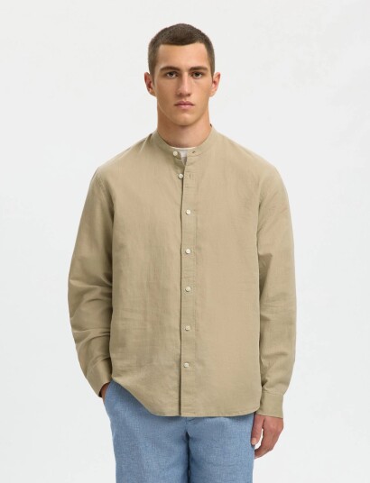 Selected Slmregclay Linenblend Ls Shirt Band Noos Beige S