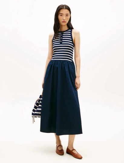 Tommy Hilfiger Gold Button Poplin Mix Dress - Navy - S