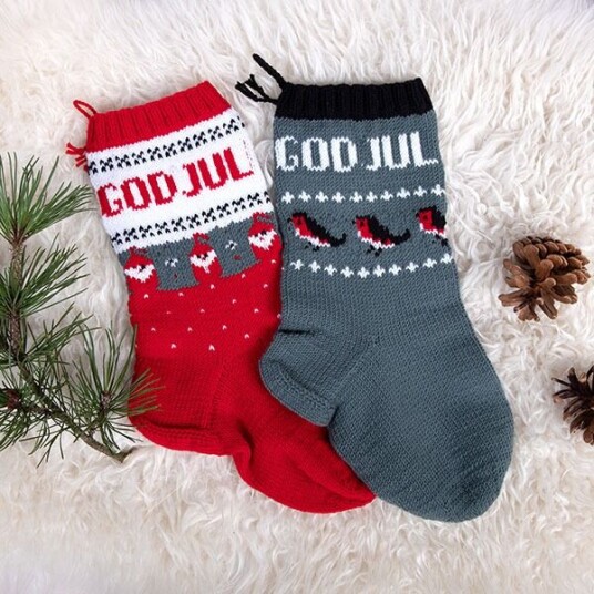 Bluum Strik Strikk Julestrømper Dompap og Nisse grønn - garnpakke i Bluum Soft Merino Ull