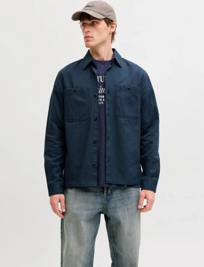 Jack & Jones Jprblurayle Linen Bl. Solid Ls Shirt Sn   Navy   L