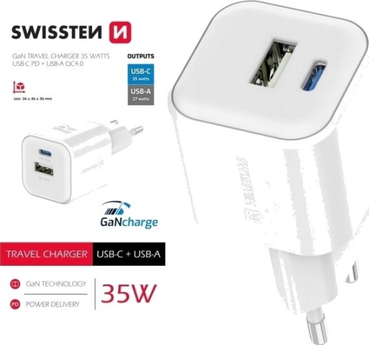 Swissten Gan Nettadapter 35W, 2 Porter Usb-A + Usb-C, Smart Ic