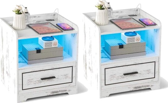 Nattbordsett med LED USB og bevegelsessensor – hvit