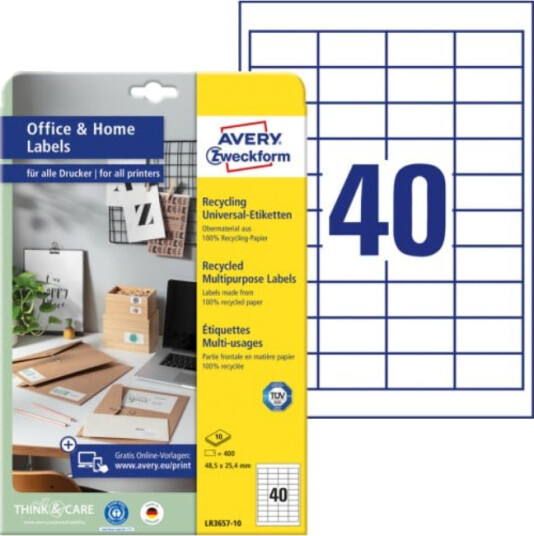 Avery LR3657-10 Hvit Selvklebende skriveretikett A4 Papir Laser/Blekkskriver Permanent