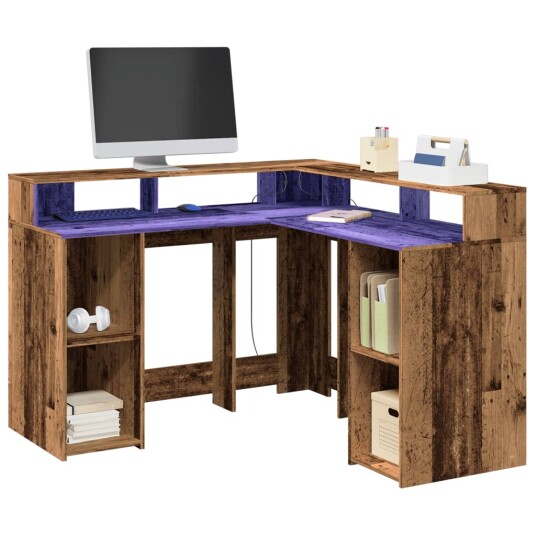 Skrivebord med LED-lys gammelt tre 130x130x91 cm konstruert tre