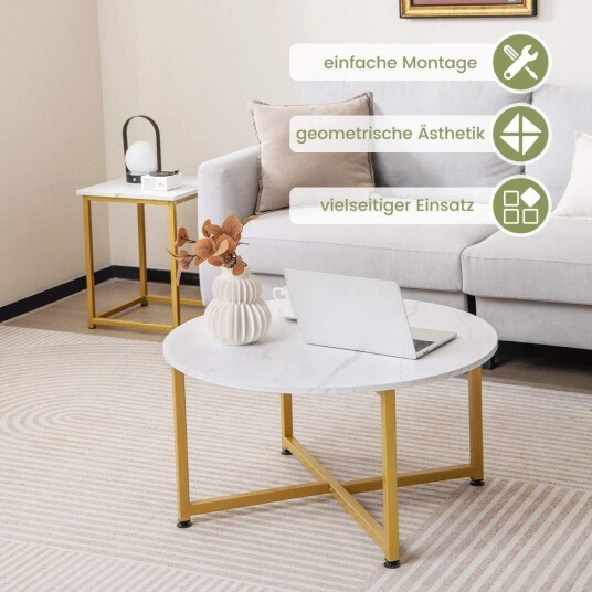Sett med 3 salongbord med robust metallramme rundt salongbord og 2 firkantede sidebord hvit