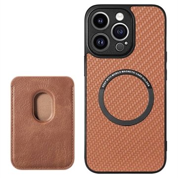 iPhone 15 Pro Magnetisk Deksel med Kortlomme Karbonfiber Brun