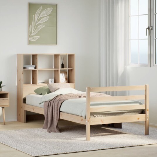 Seng med bokhylle uten madrass 75x190 cm heltre furu 8721158606709