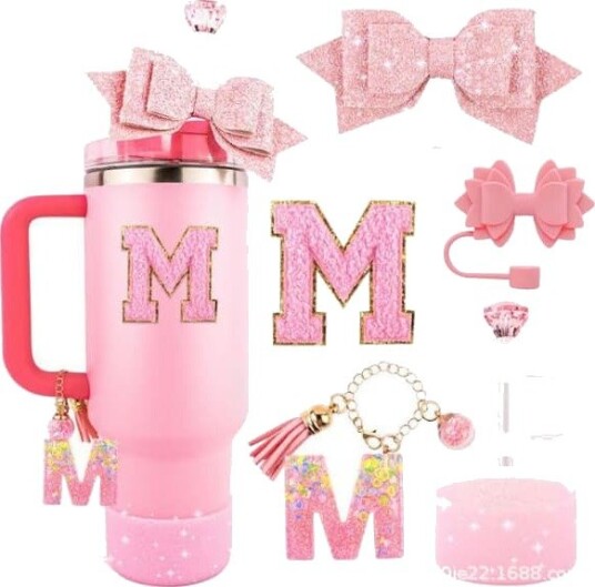 Termokopp Rosa kopptilbehørssett for Stanley 30OZ og 40OZ med håndtak bokstavsmykker sløyfe og diamantstrådeksler glitter silikonstøvel