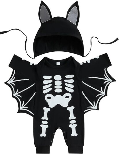 Min Første Halloween Onesie med Flaggermus- og Hodeskallemotiv til Baby med Hatt 70 cm
