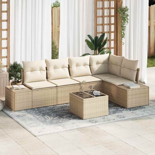 6 Delt Hagesofagruppe med puter i brun poly rattan
