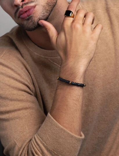 Nialaya Men"s Hexagon Beaded Bracelet With Black Onyx And Gold Black M