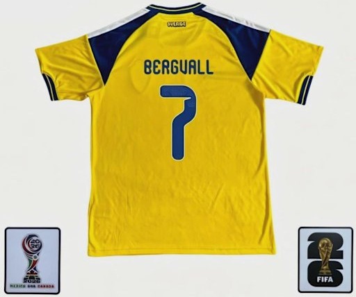 2026 VM Sverige Landslag Hjemmedrakt. Supporterversjon. Fotball T skjorte/Kortermet. Erme patch. Nr.7 BergvallM