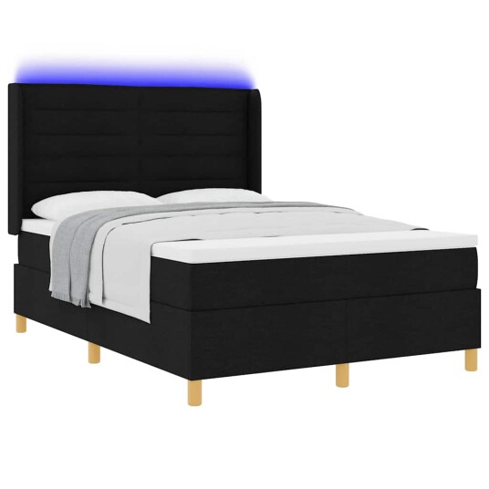 Boksfjær Seng med LED lysstrimler Svart 140 x 190 cm stoff