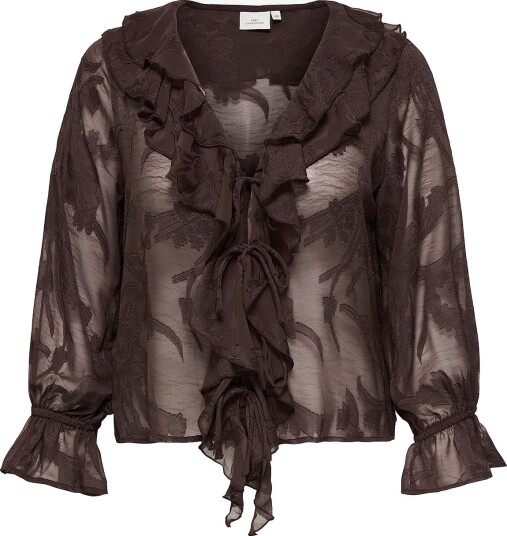 Only Carmakoma   Bluse Careleni L/S Jacquard Tie Frill Top   Brun