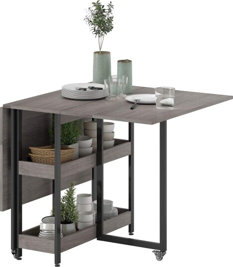 Sammenleggbart spisebord i industridesign for inntil 4 personer åpne hyller fleksibelt metall sponplater grå