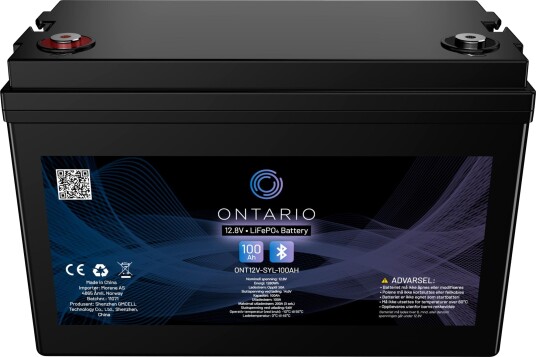 Ontario PRO MAX 12.8V 100Ah LiFePO4 litiumbatteri (med blåtann) for båt, hytte, campingvogn og bobil (forbruk)