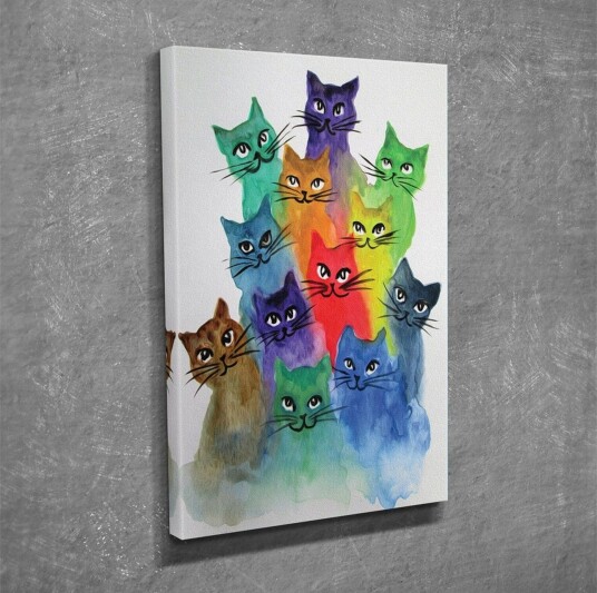 Lite lerretsbilde 30x40 cm Fargerik samling av katter i forskjellige nyanser Grønn / Blå / Lilla