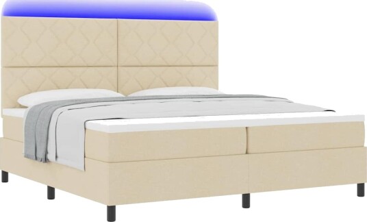  Box Spring Seng med Madrass & LED Krem 200x200 cm Stoff