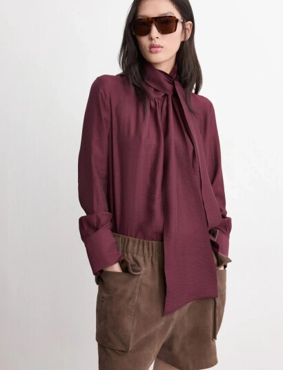 Mango Long Sleeve Blouse With A Scarf Collar Burgundy XL