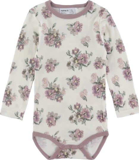 Name It Body I/e Ull NbfWillitus Snow White/Flower Bukett Name It 50 Langermet Body Hvit Lilla Rosa