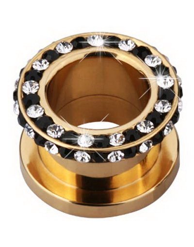 Gullfarget Piercing Tunnel med klare og Svarte Stener på Yttersiden & Foran 12 mm