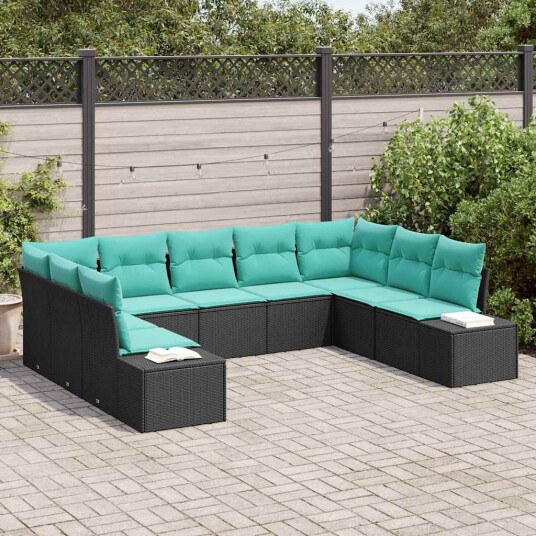 vidaXL Hagesofa Set 9 stk. 8-Antall seter Svart og turkis Polyrattan