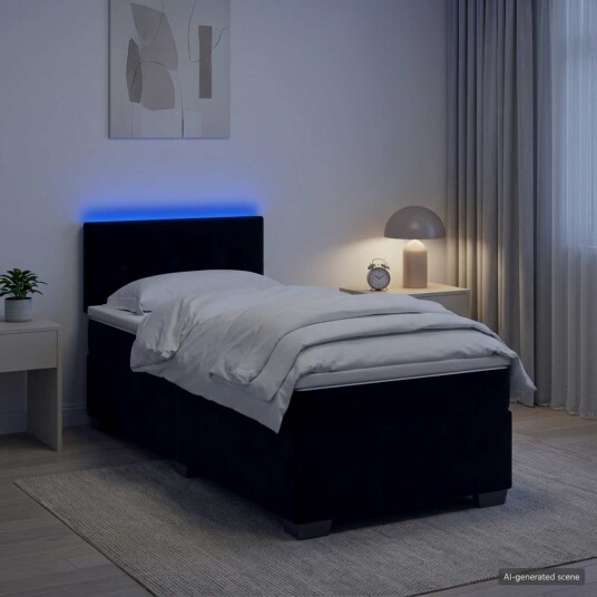 vidaXL Box Spring Seng med Madrass og LED Svart 90 x 200 cm Fløyel