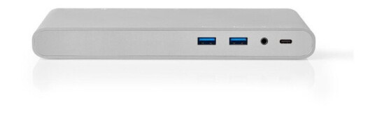 Nedis USB Docking Station | USB 3.2 Gen 1 | USB-C™ Hann | DisplayPort Hun / HDMI™ Output / RJ45 Hun / VGA Hun 15p / 2 stk. 3.5 mm, hunn / 2x USB-C™ / 4x USB-A | 0.20 m | Rund | Nikkel belagt | Flettet / Nylon | Hvit | Vindusboks med Euro Lock