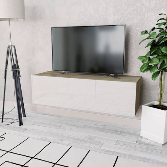 TV-benk til vegg120x40x34 cm - hvit høyglans og eik