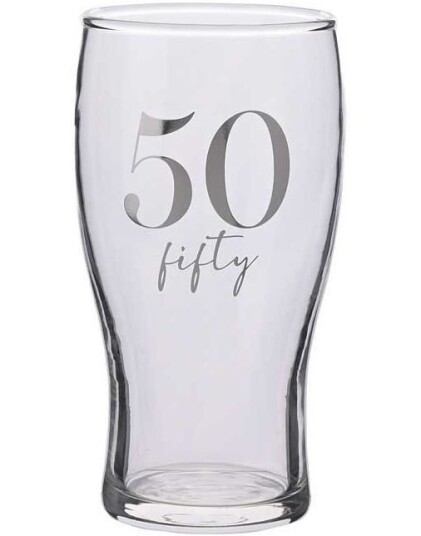 50 ÅR   Ølglass med Sølvfarget Tekst i Gaveeske 16 cm
