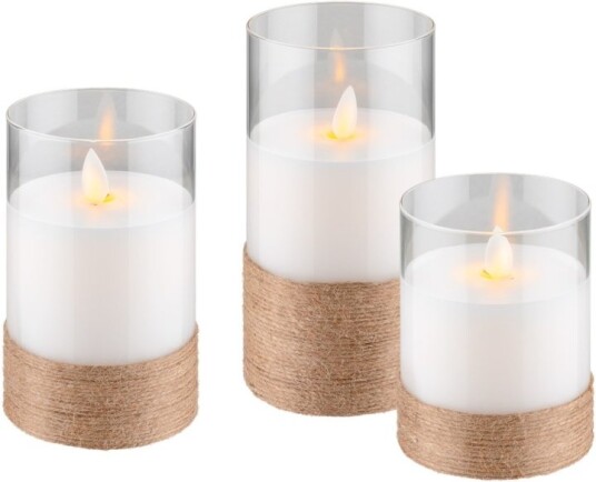 Goobay 3-pakning LED-lys av ekte voks i glass hvit innpakket med hamp inkl. 8x AA LR6 med timerfunksjon og pendelveke batteridrevet varmhvit 2700 K