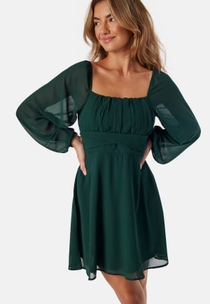 BUBBLEROOM Square Neck L/S Georgette Dress Dark green 40 BUBBLEROOM Square Neck L/S Georgette Dress Dark green 40