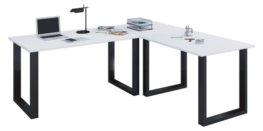 Lona hjørneskrivebord 160x160x50 cm U-ramme hvit, svart.
