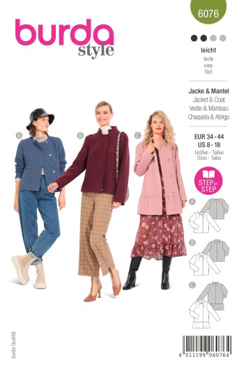 Burda 6076 - Jakke og kåpe EUR: 34-44, US: 8-18