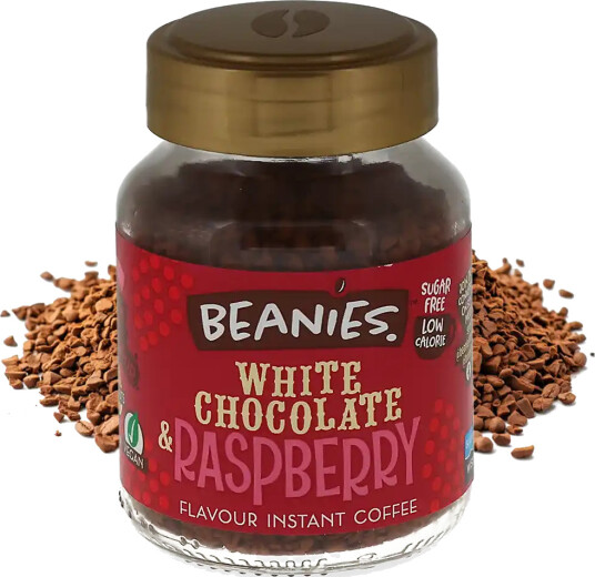 Beanies | Hvit sjokolade og bringebær 50 g pulverkaffe Beanies | Hvit sjokolade og bringebær 50 g pulverkaffe