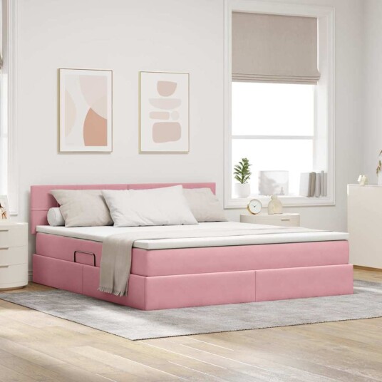 Seng med Oppbevaring med madrass Rosa 180 x 200 cm Fløyel Seng med Oppbevaring med madrass Rosa 180 x 200 cm Fløyel