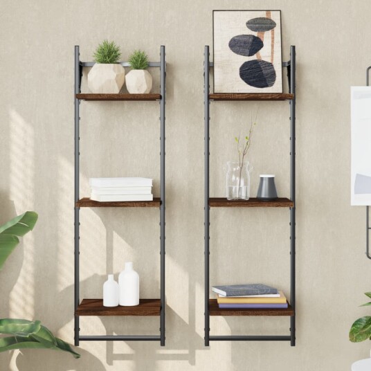Vegghyller med 3 hyller stenger 2 stk brun eik 30x25x100 cm 8721012045965 Vegghyller med 3 hyller stenger 2 stk brun eik 30x25x100 cm 8721012045965